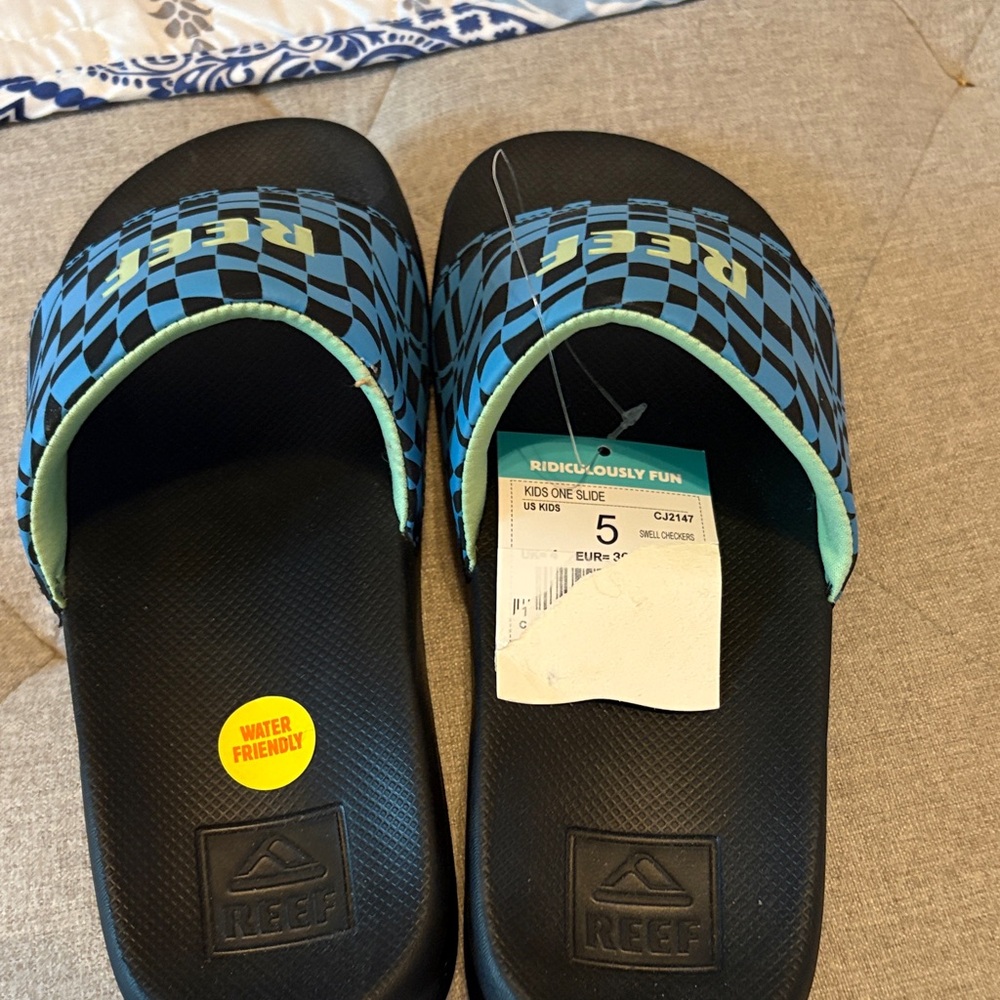 Reef Kids Blue Checkered Slides